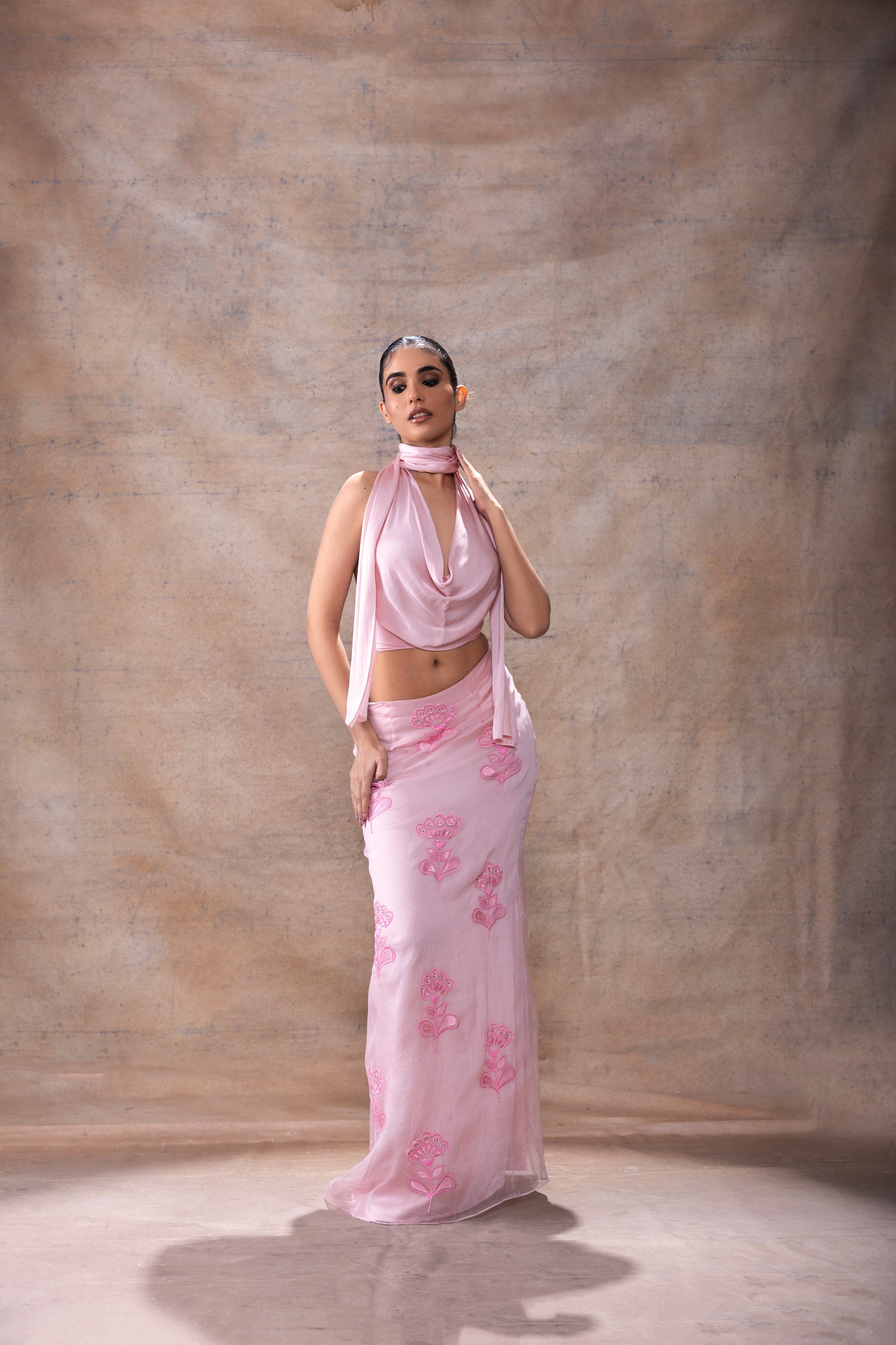 Cowl neck and embroidered skirt set