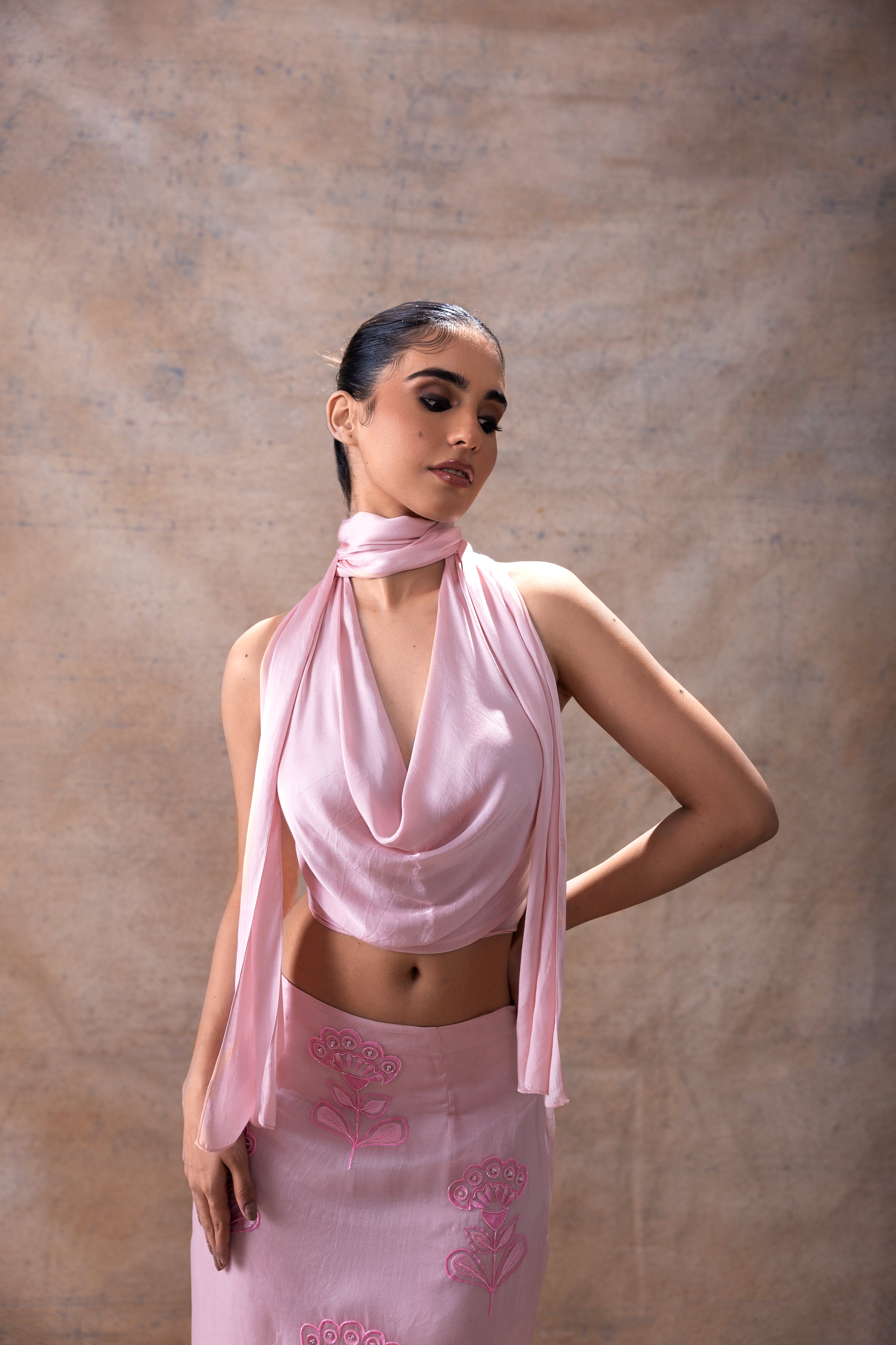 Cowl neck and embroidered skirt set