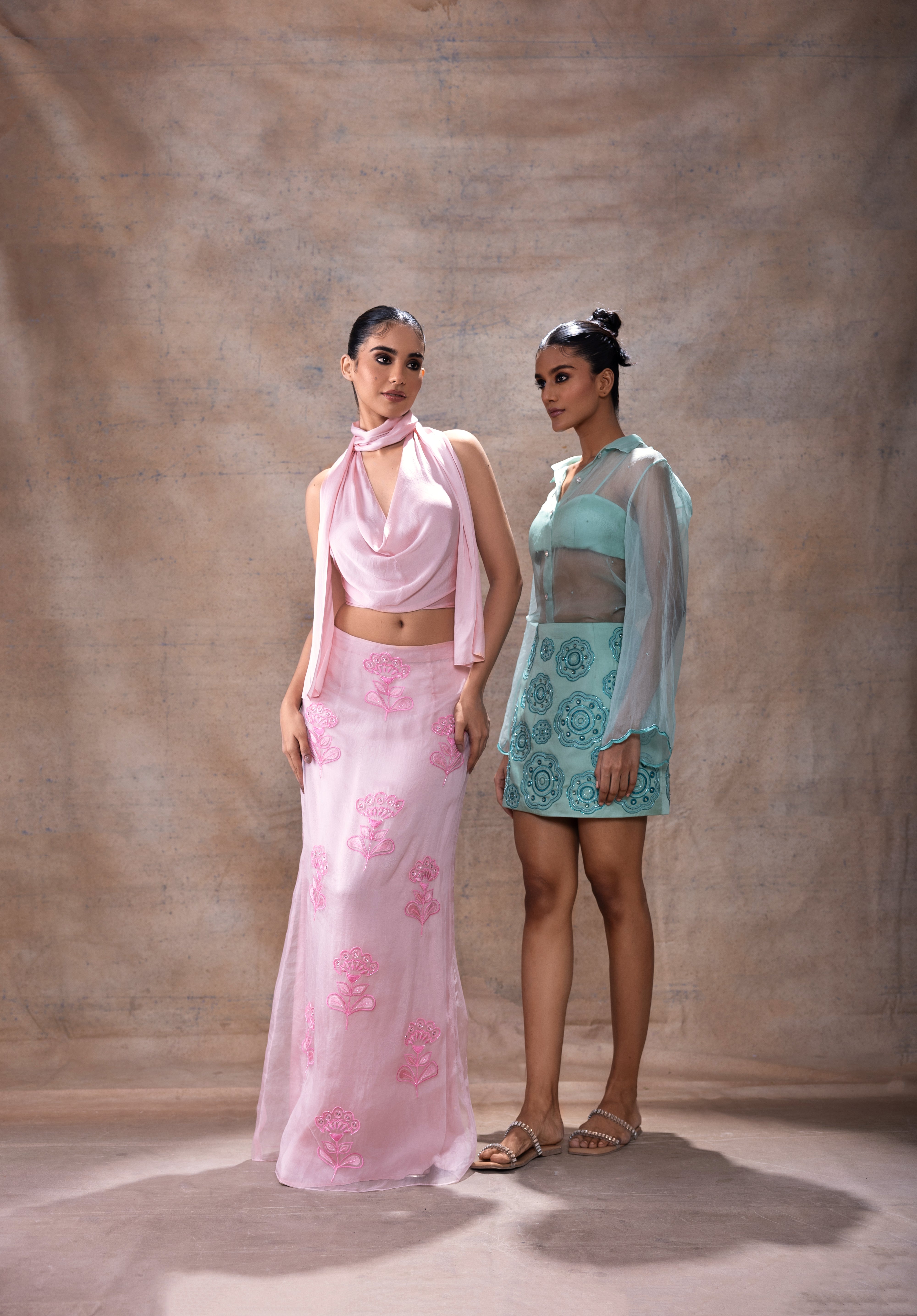 Cowl neck and embroidered skirt set