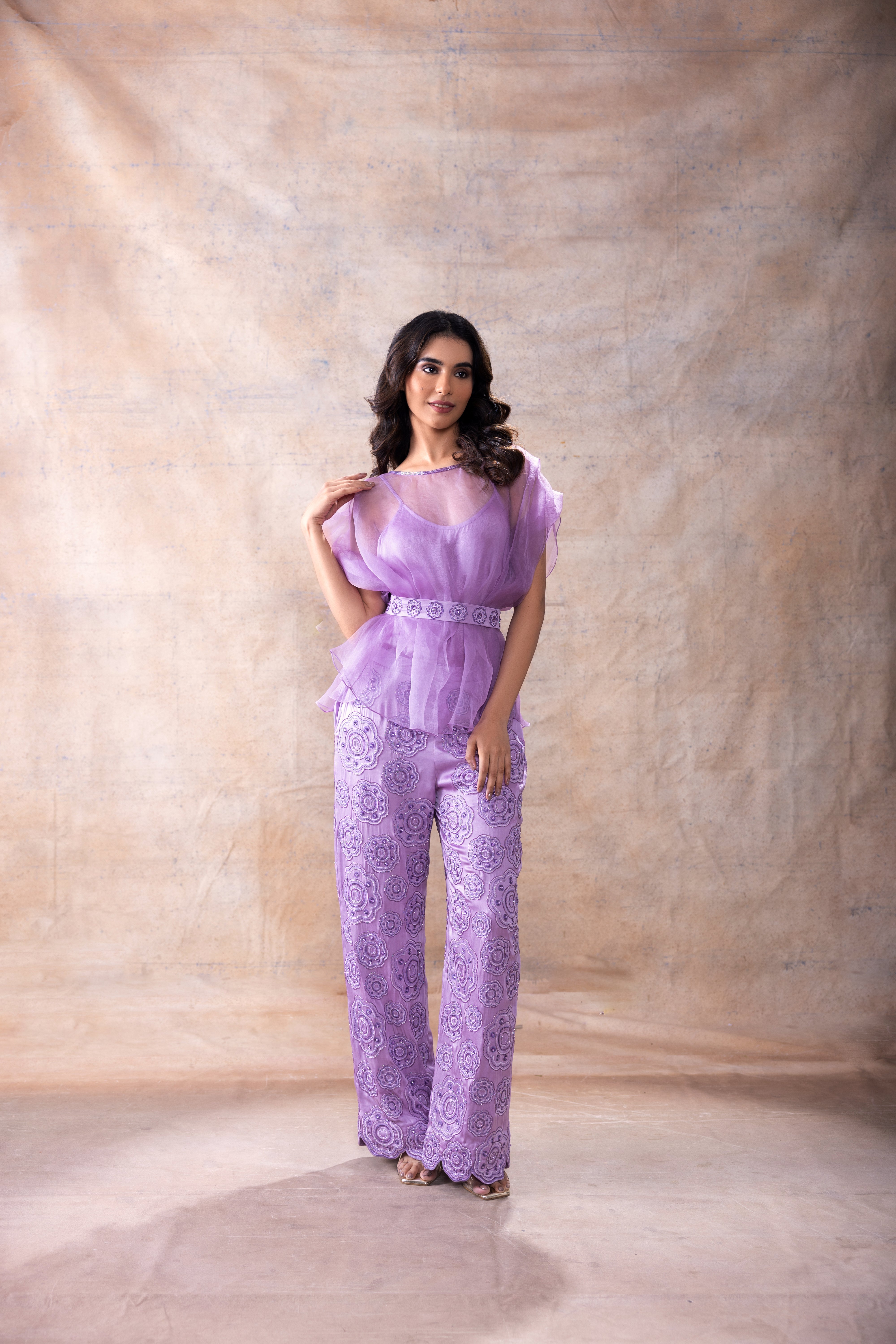 Organza top with Embroidered Pant set