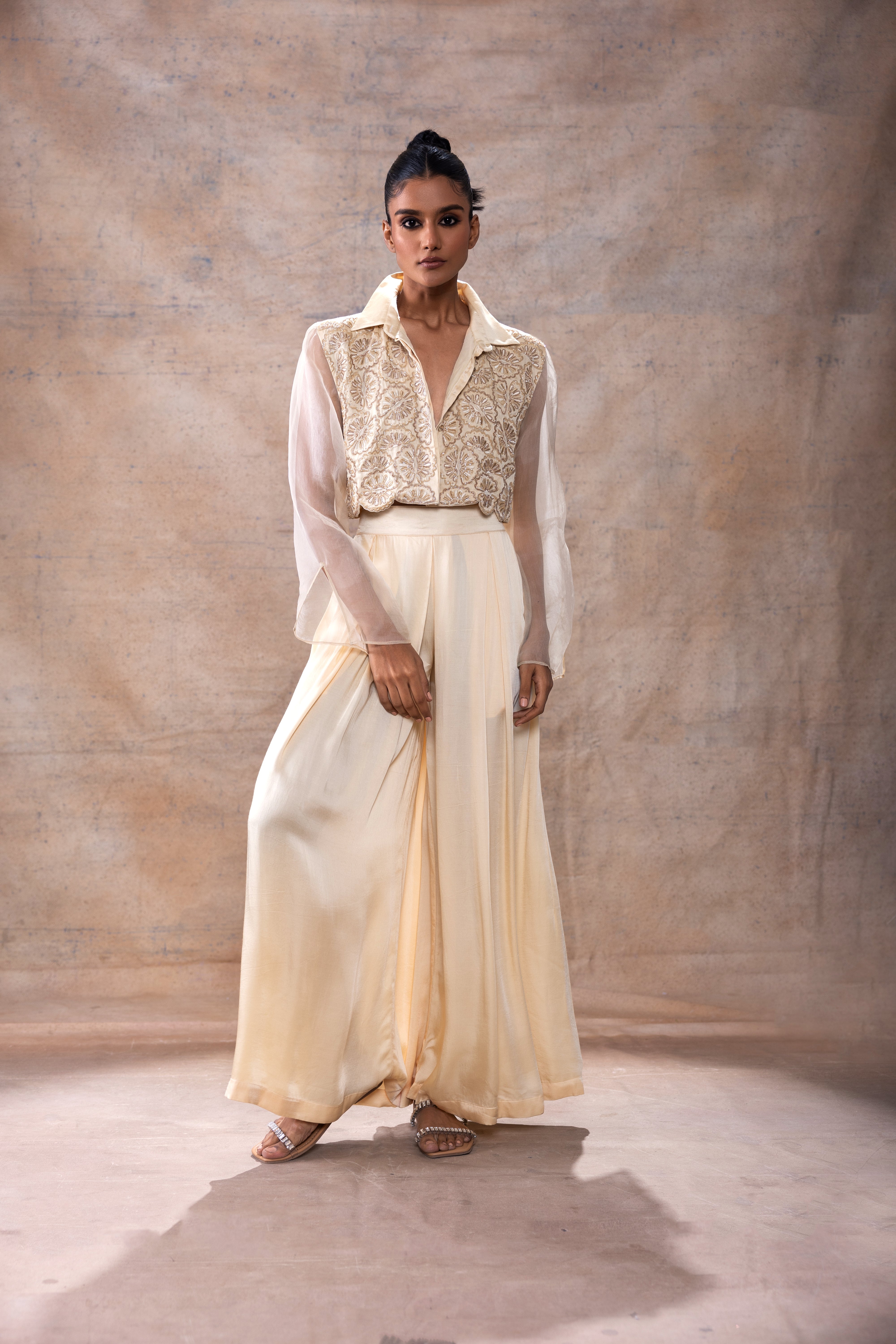 Emboridered Crop Shirt with flared pants set