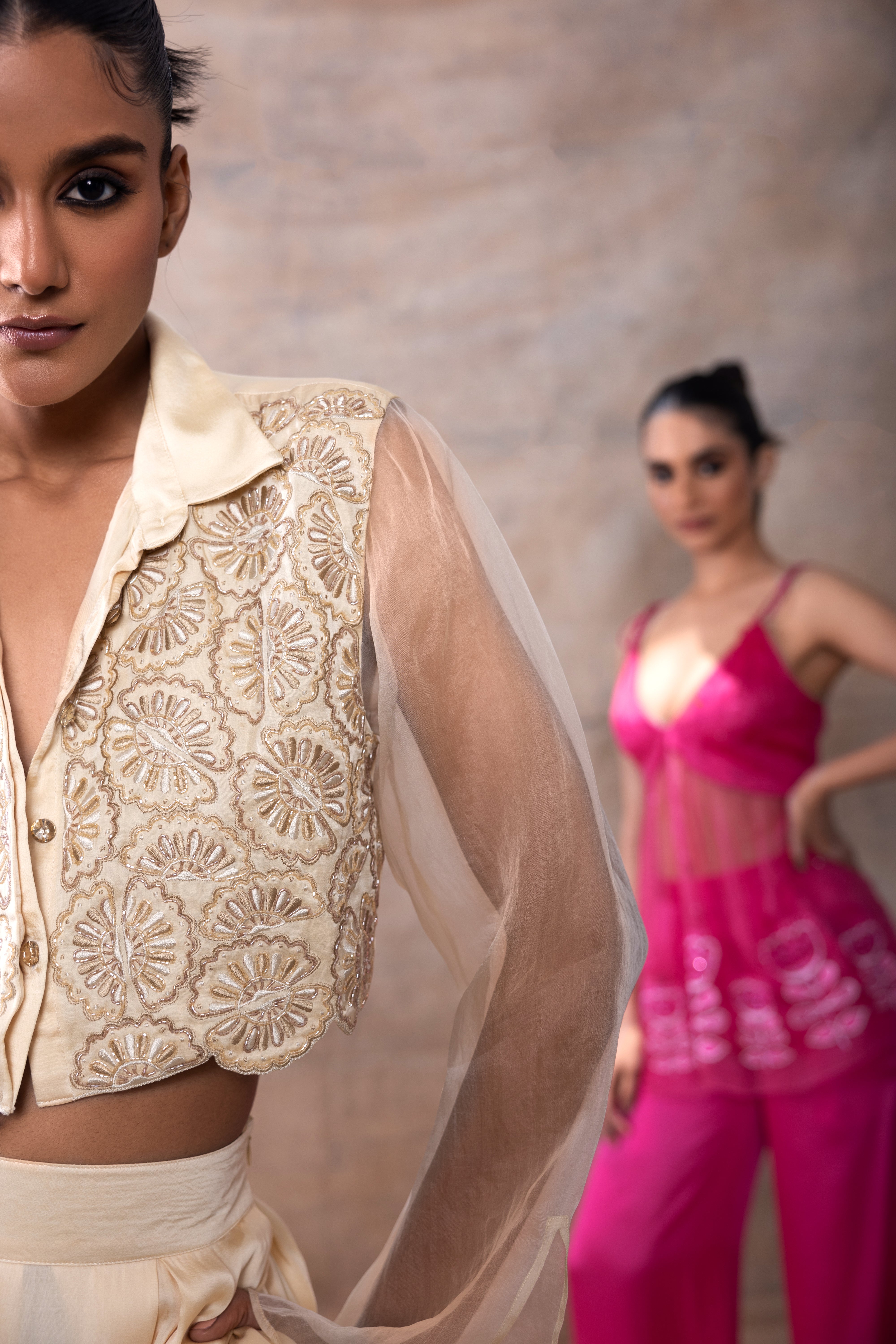 Emboridered Crop Shirt with flared pants set