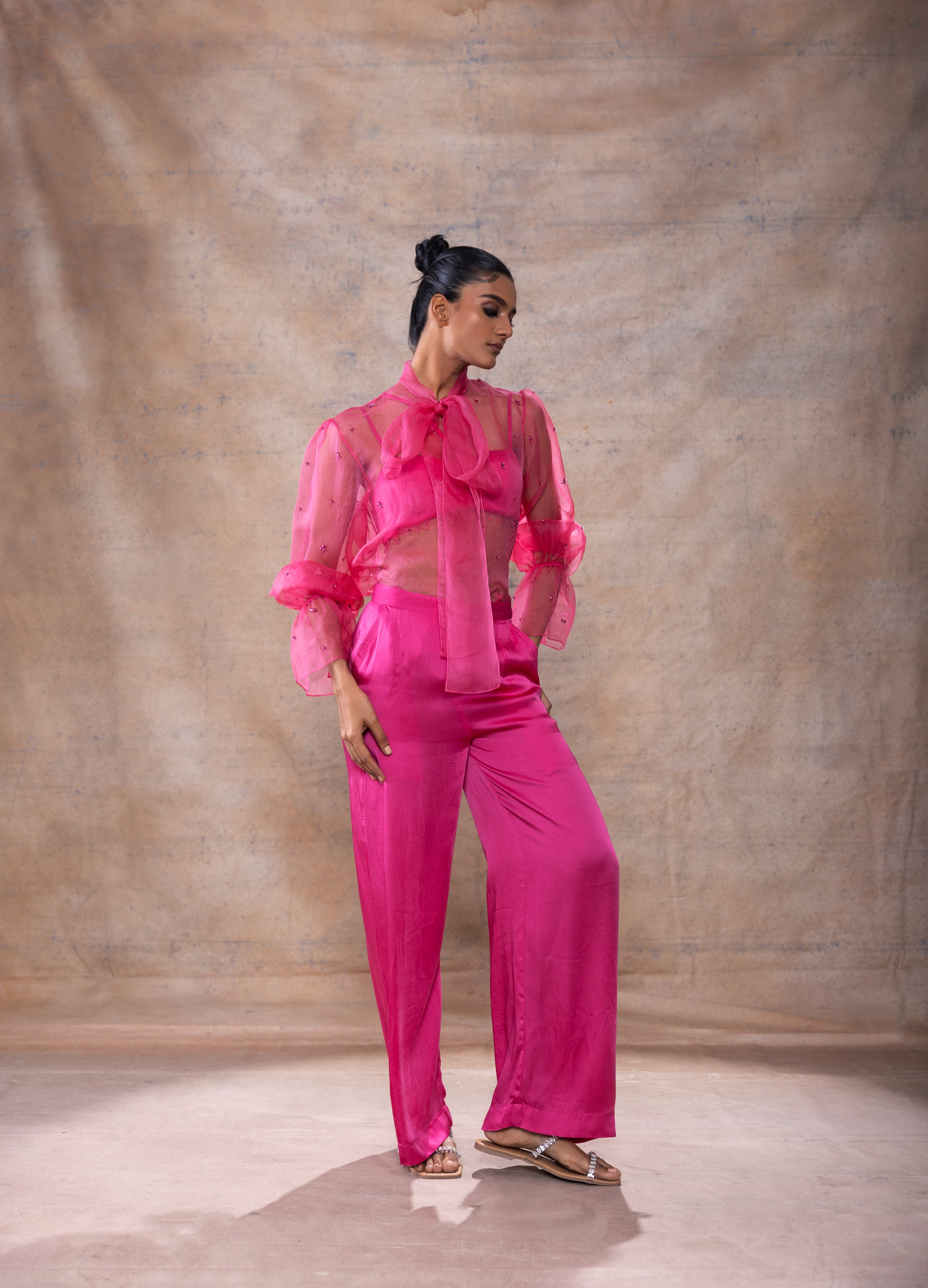 Scarf collar organza shirt set