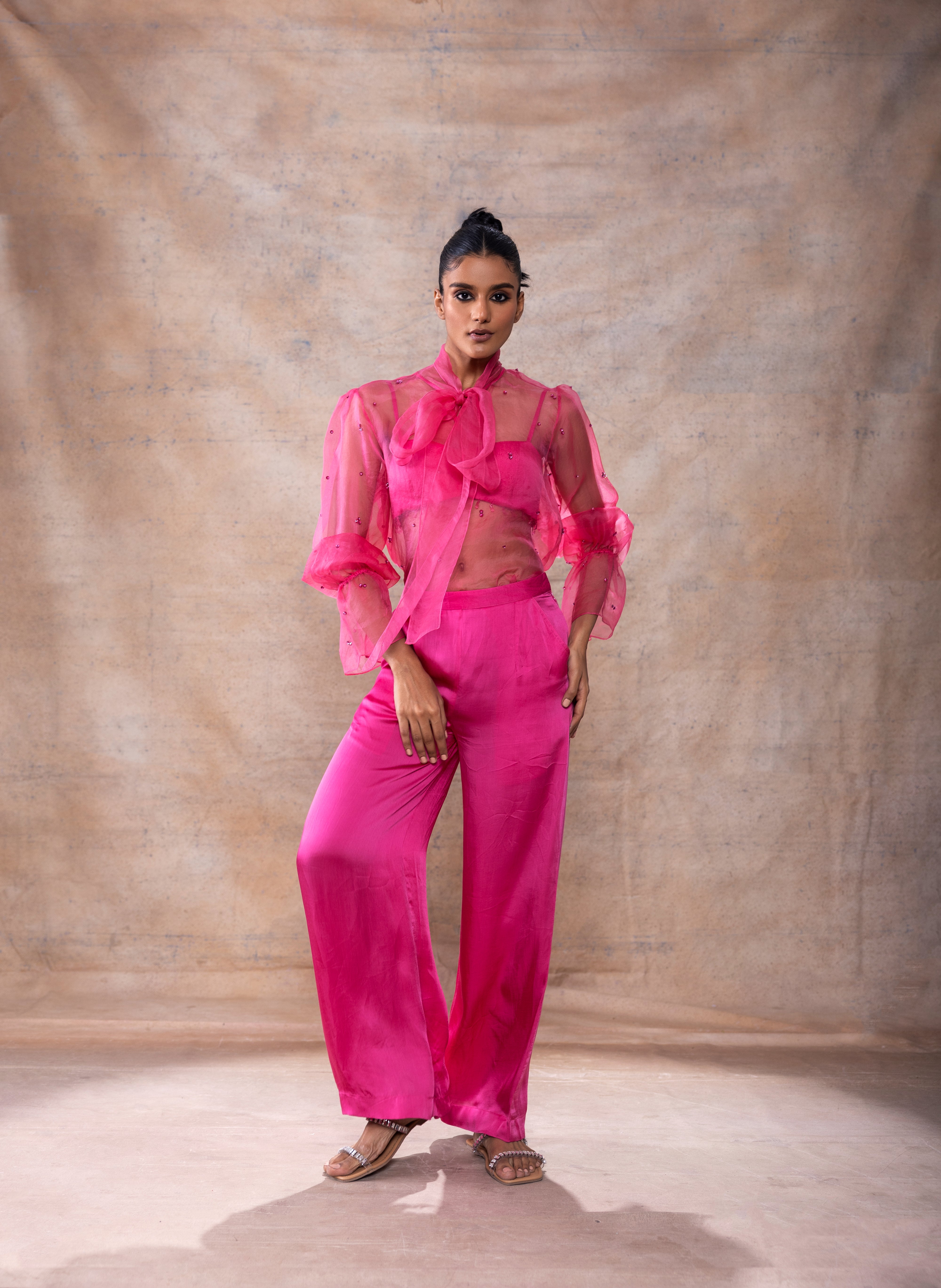 Scarf collar organza shirt set