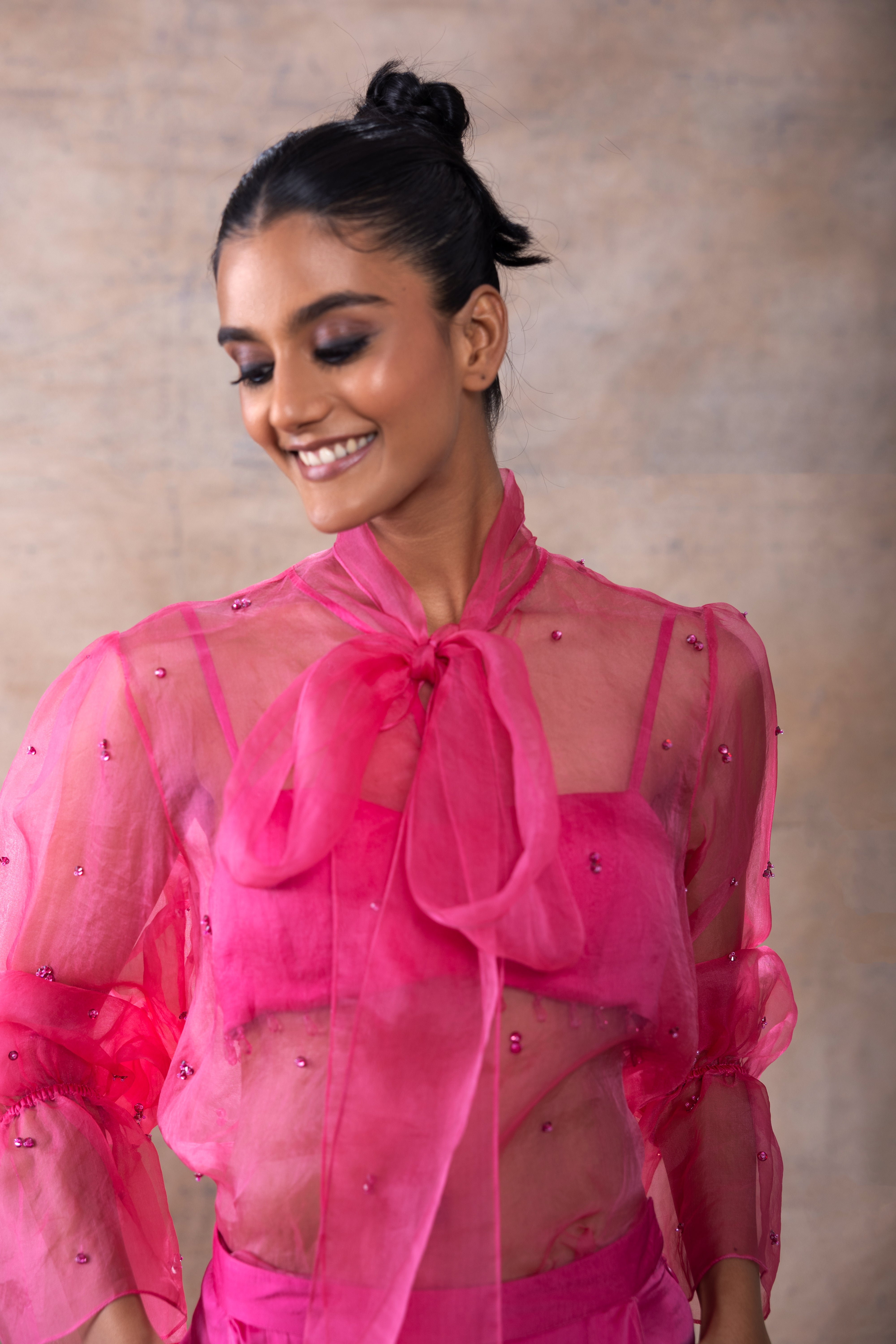 Scarf collar organza shirt set