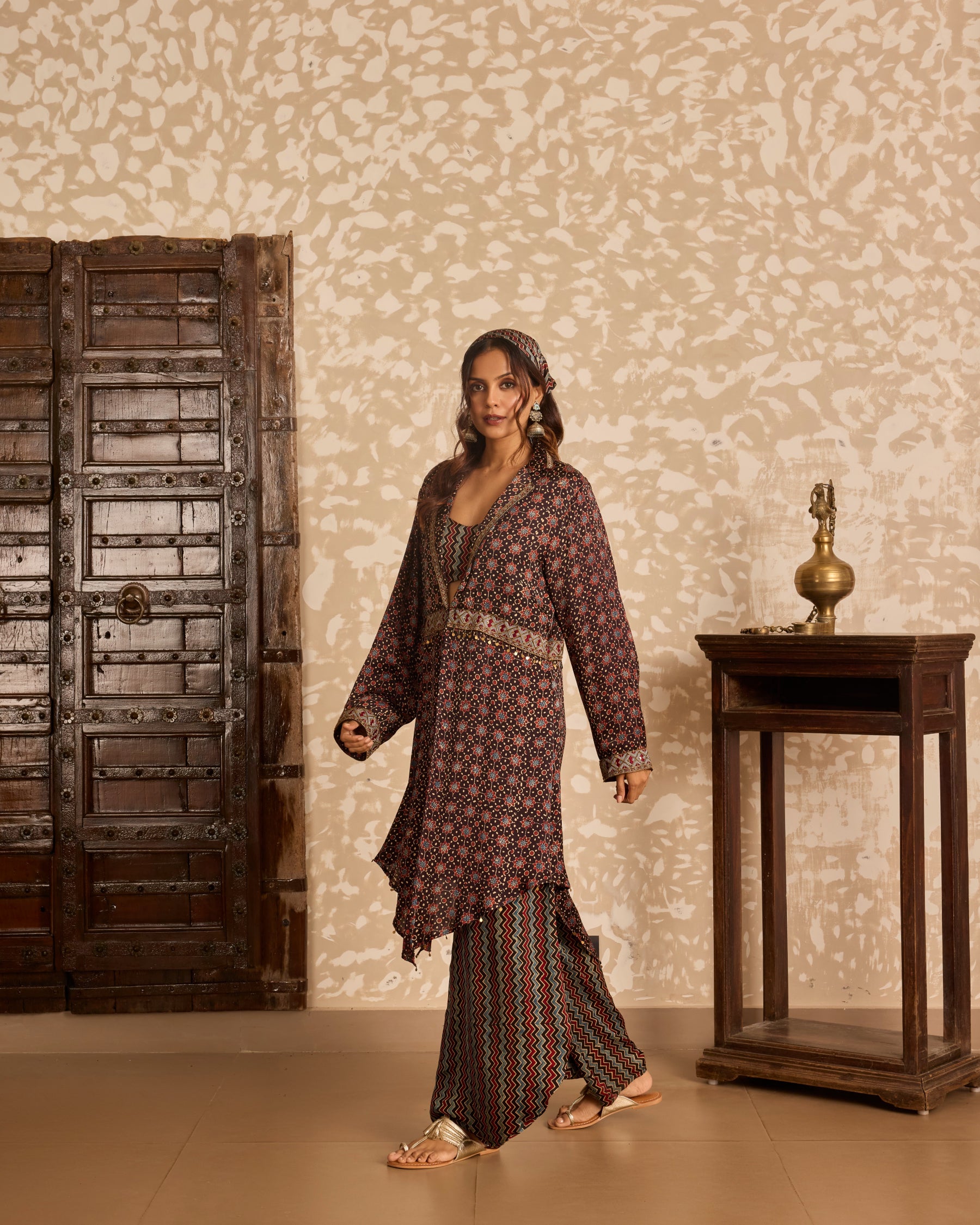 Long Jacket with Bralette & Drape Pants Set