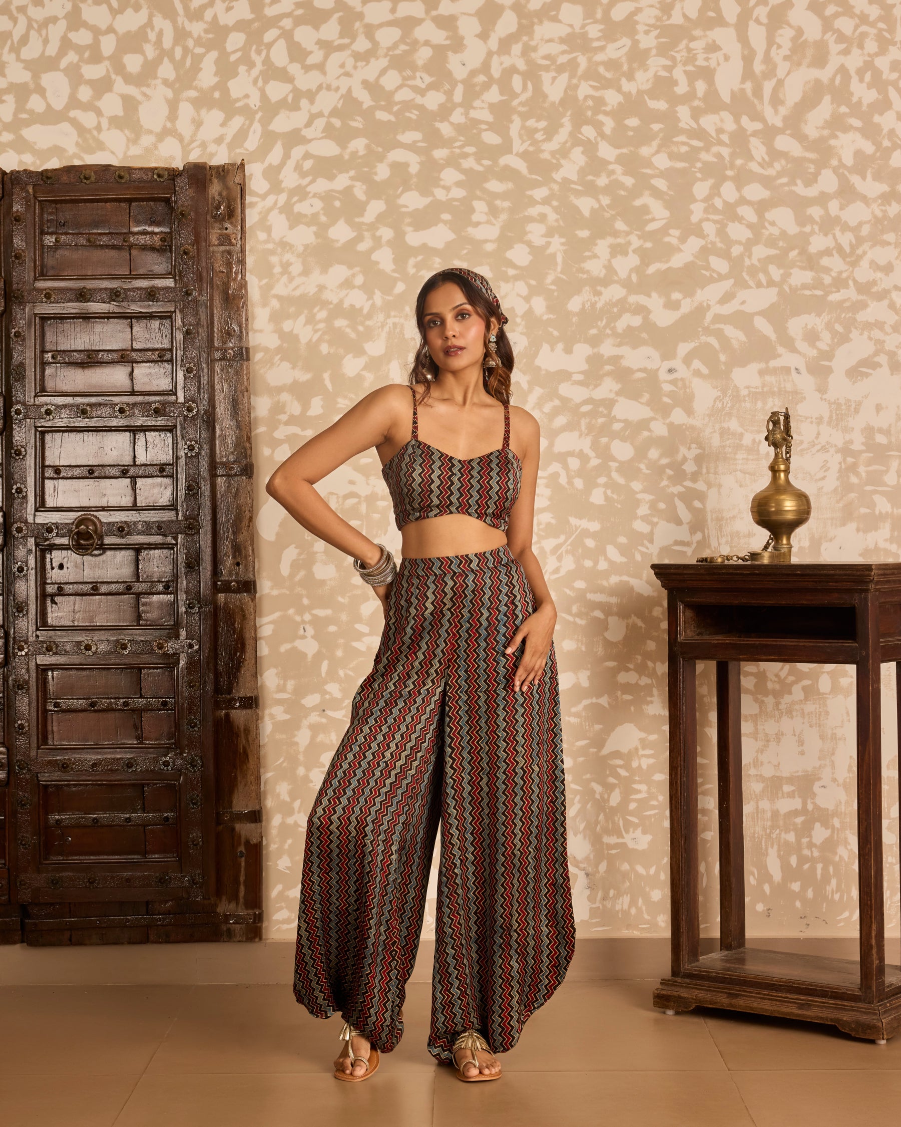 Long Jacket with Bralette & Drape Pants Set