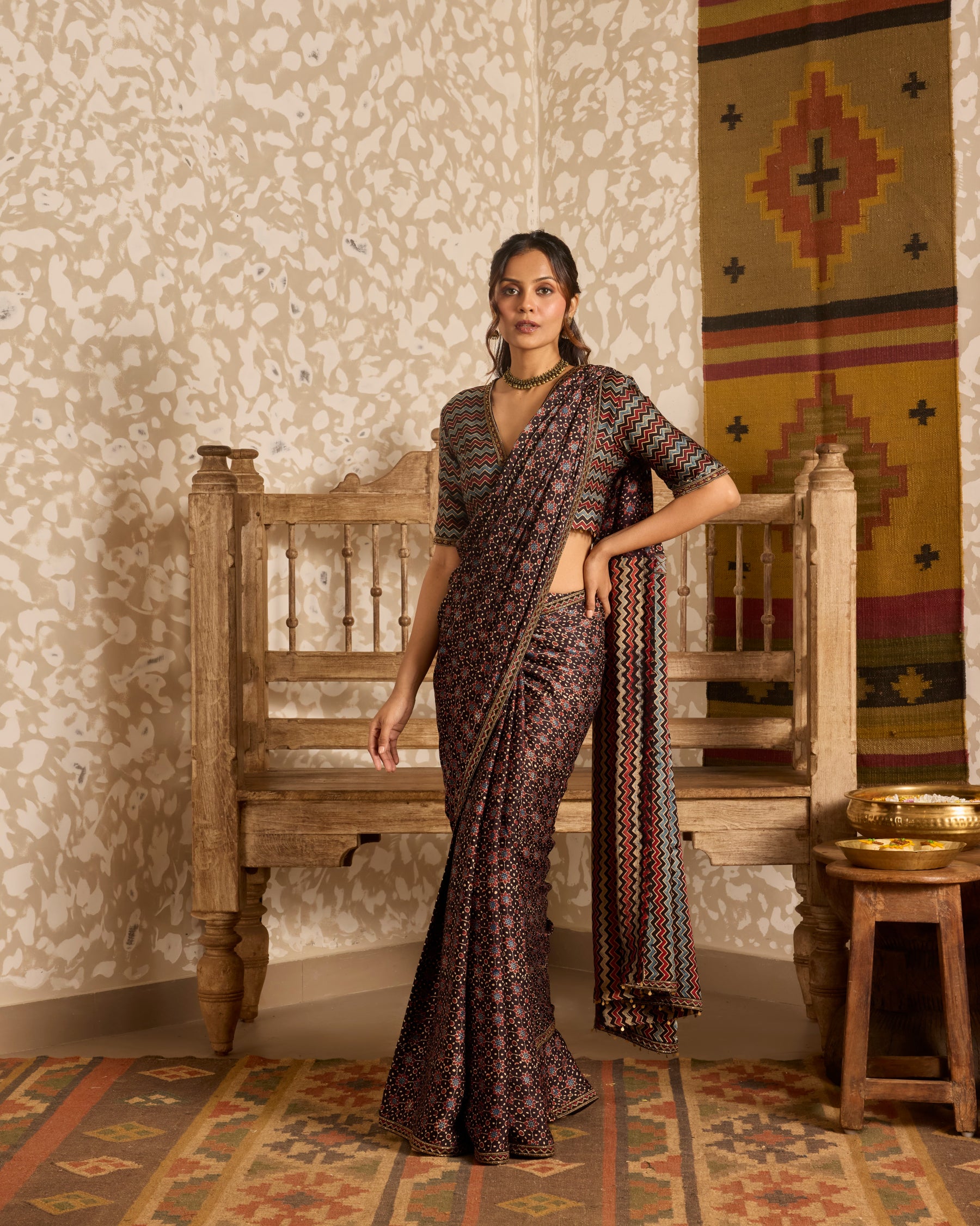 Deep neck Blouse with Saree