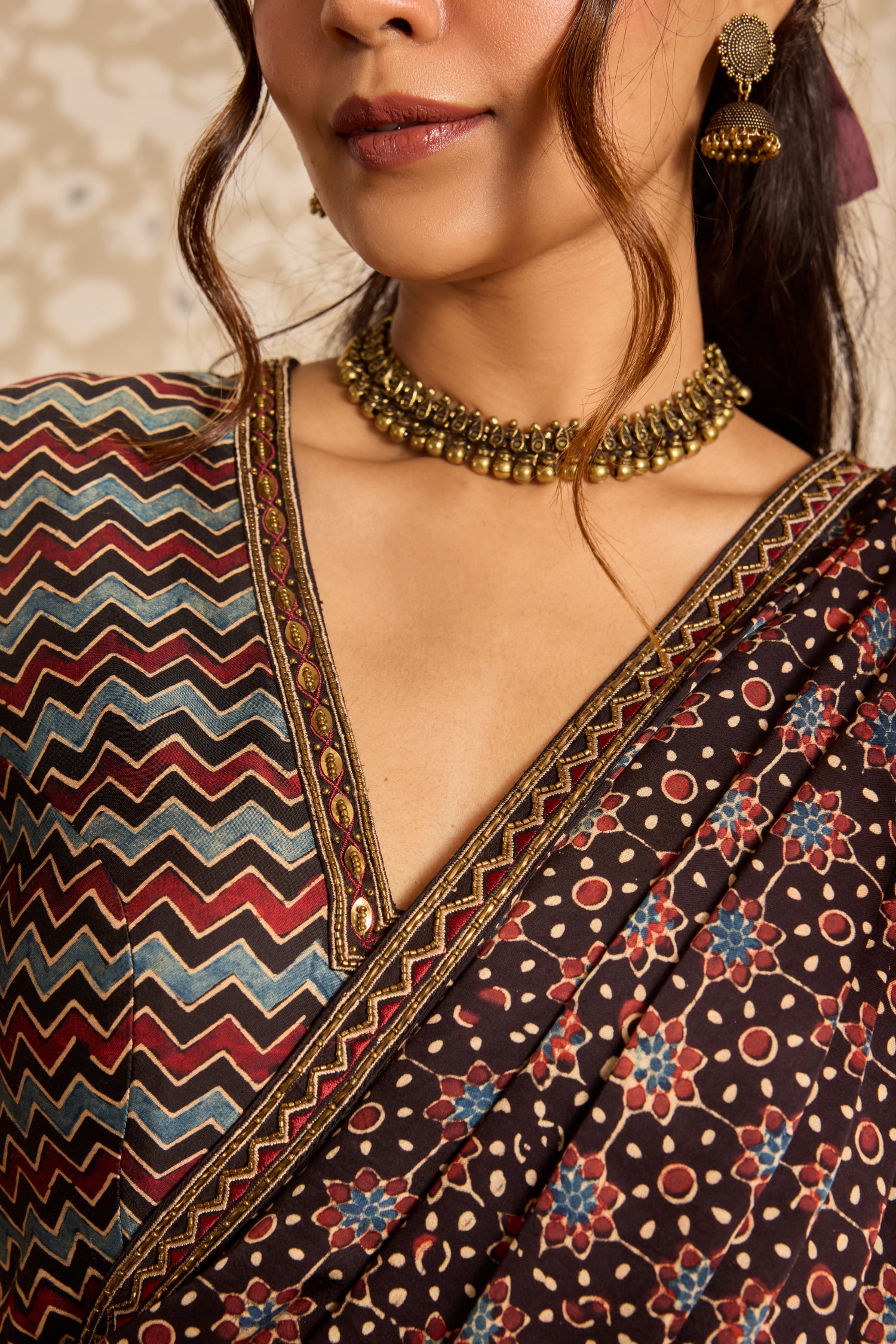 Deep neck Blouse with Saree