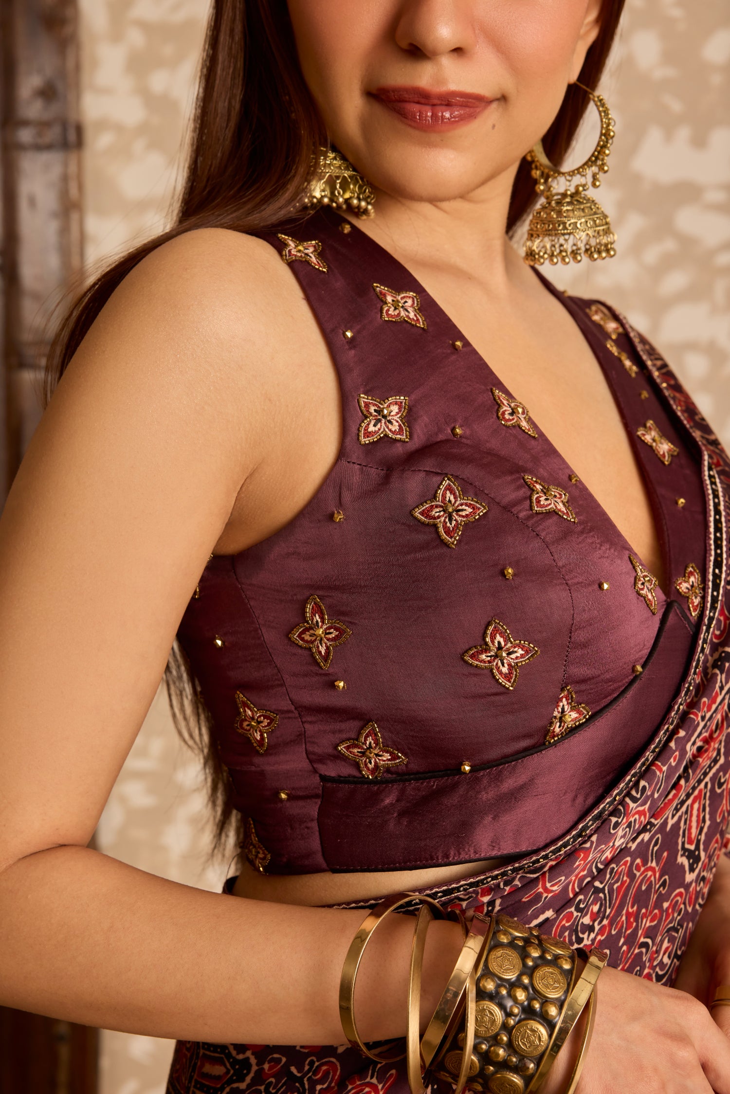 V neck tie up blouse with saree