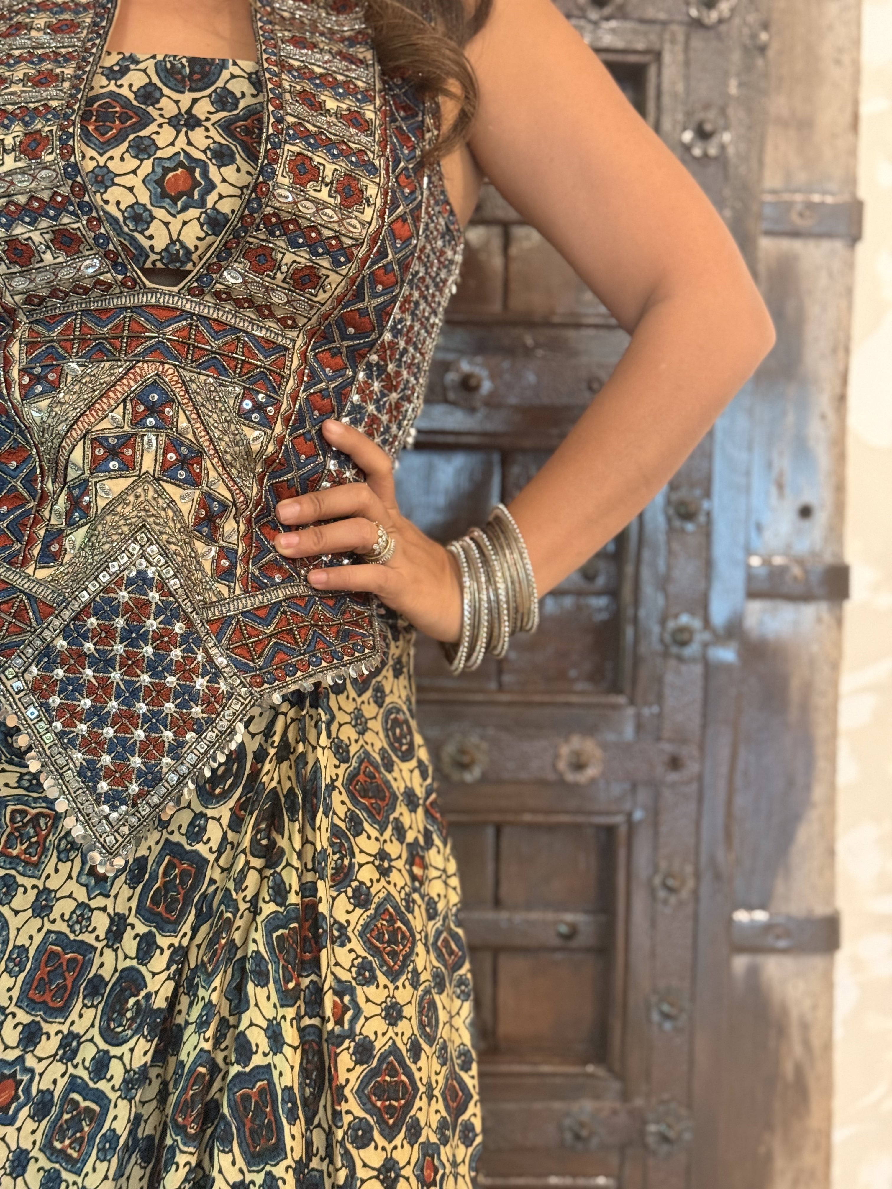 Ajrakh Backless tie up top and drape skirt