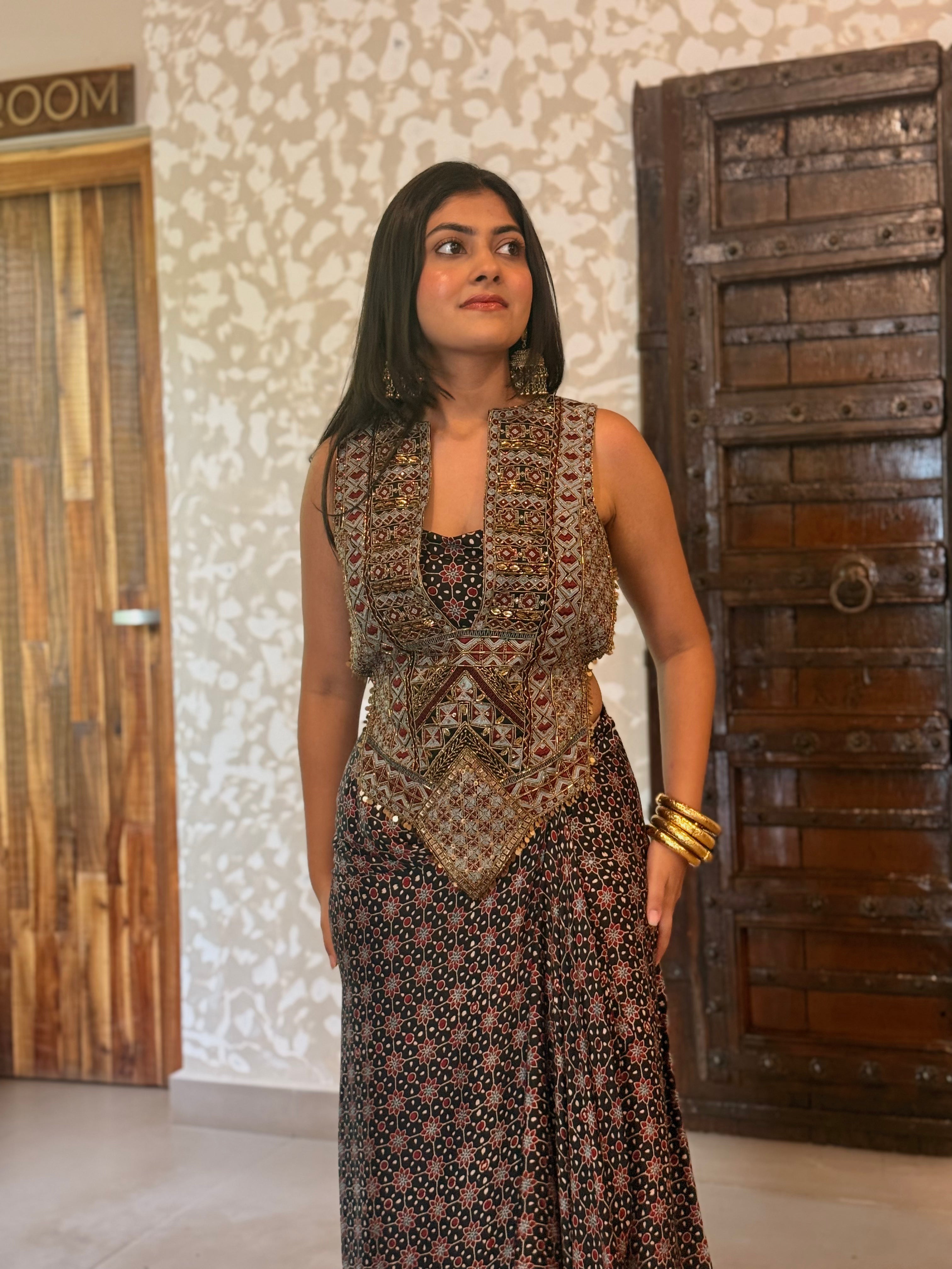 Ajrakh Backless tie up top and drape skirt