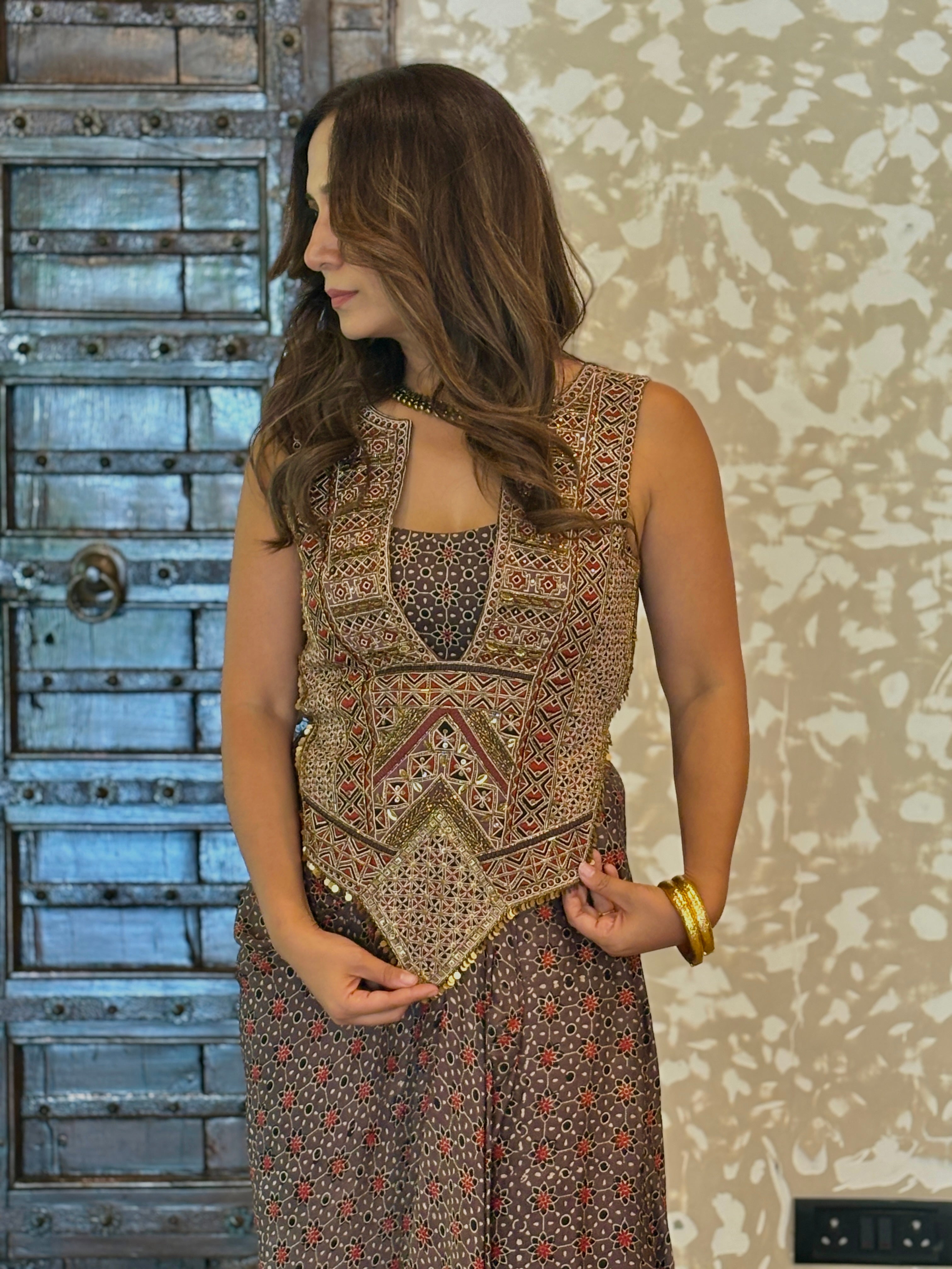 Ajrakh Backless tie up top and drape skirt