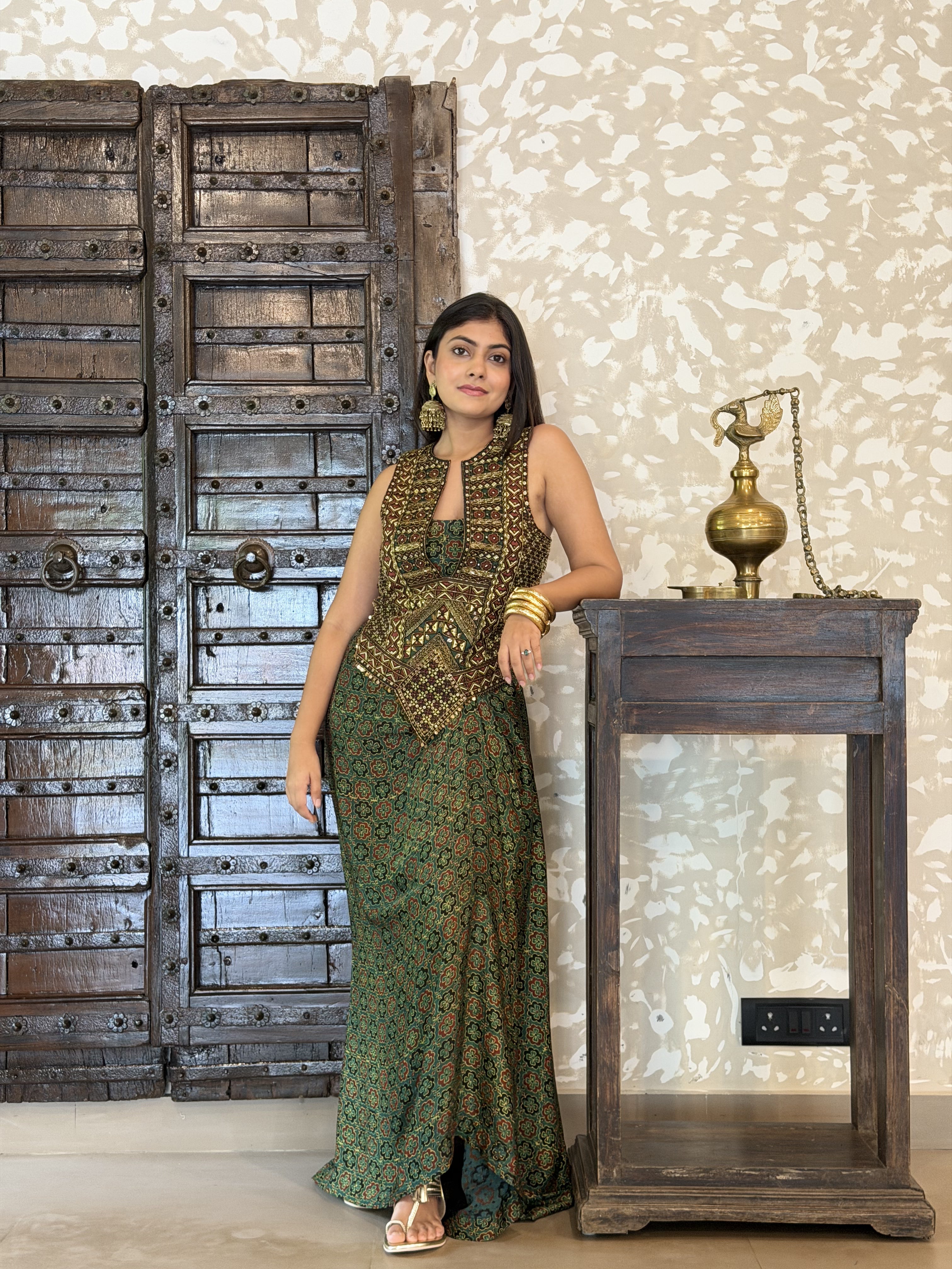 Ajrakh Backless tie up top and drape skirt