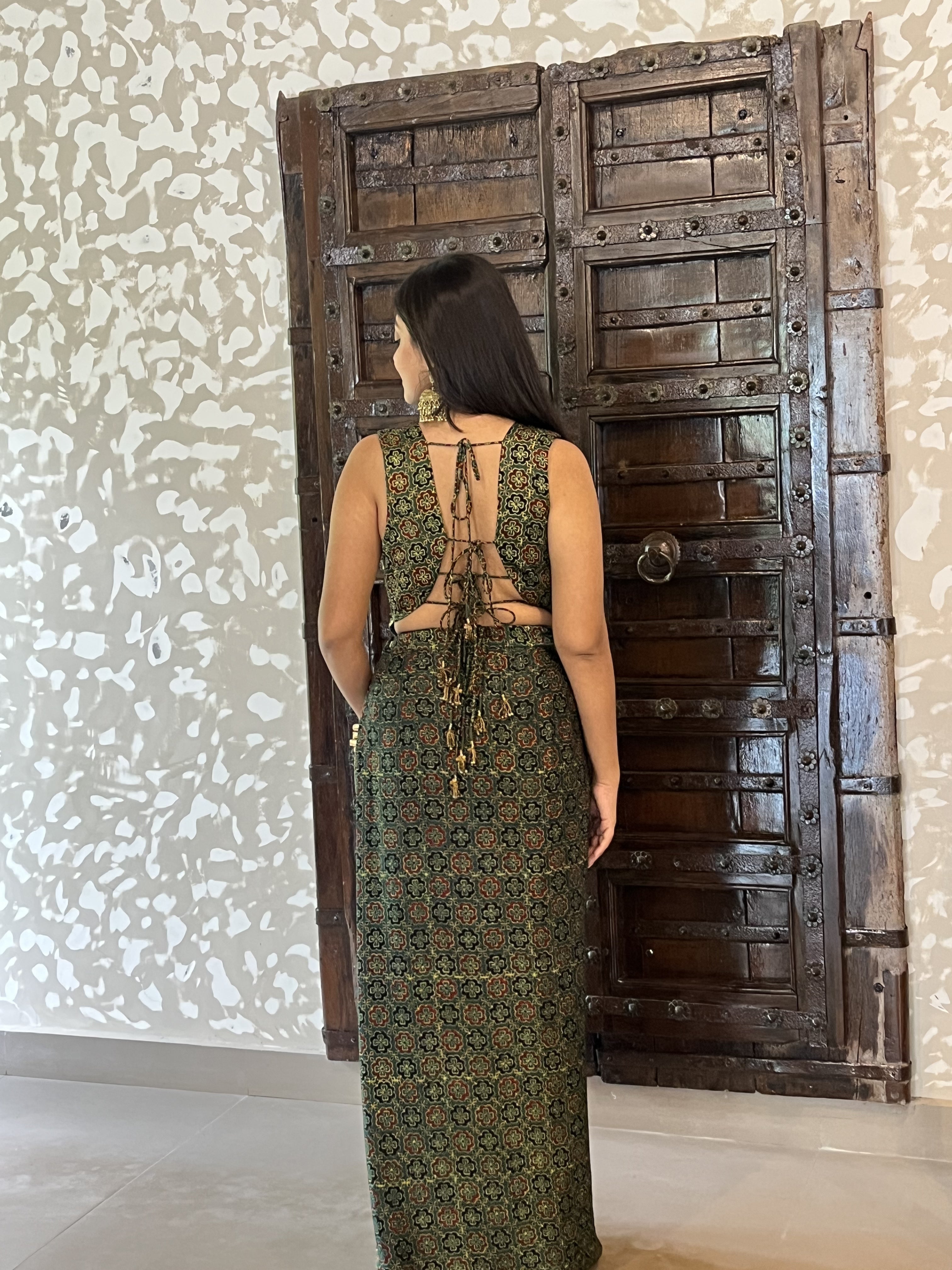 Ajrakh Backless tie up top and drape skirt