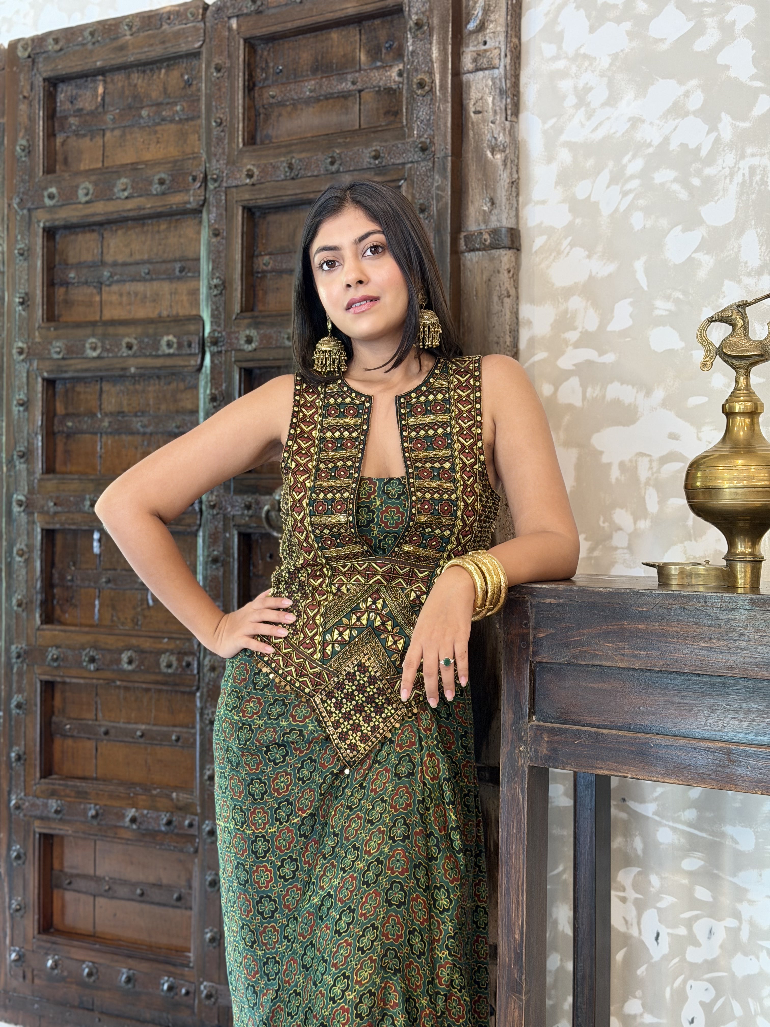 Ajrakh Backless tie up top and drape skirt