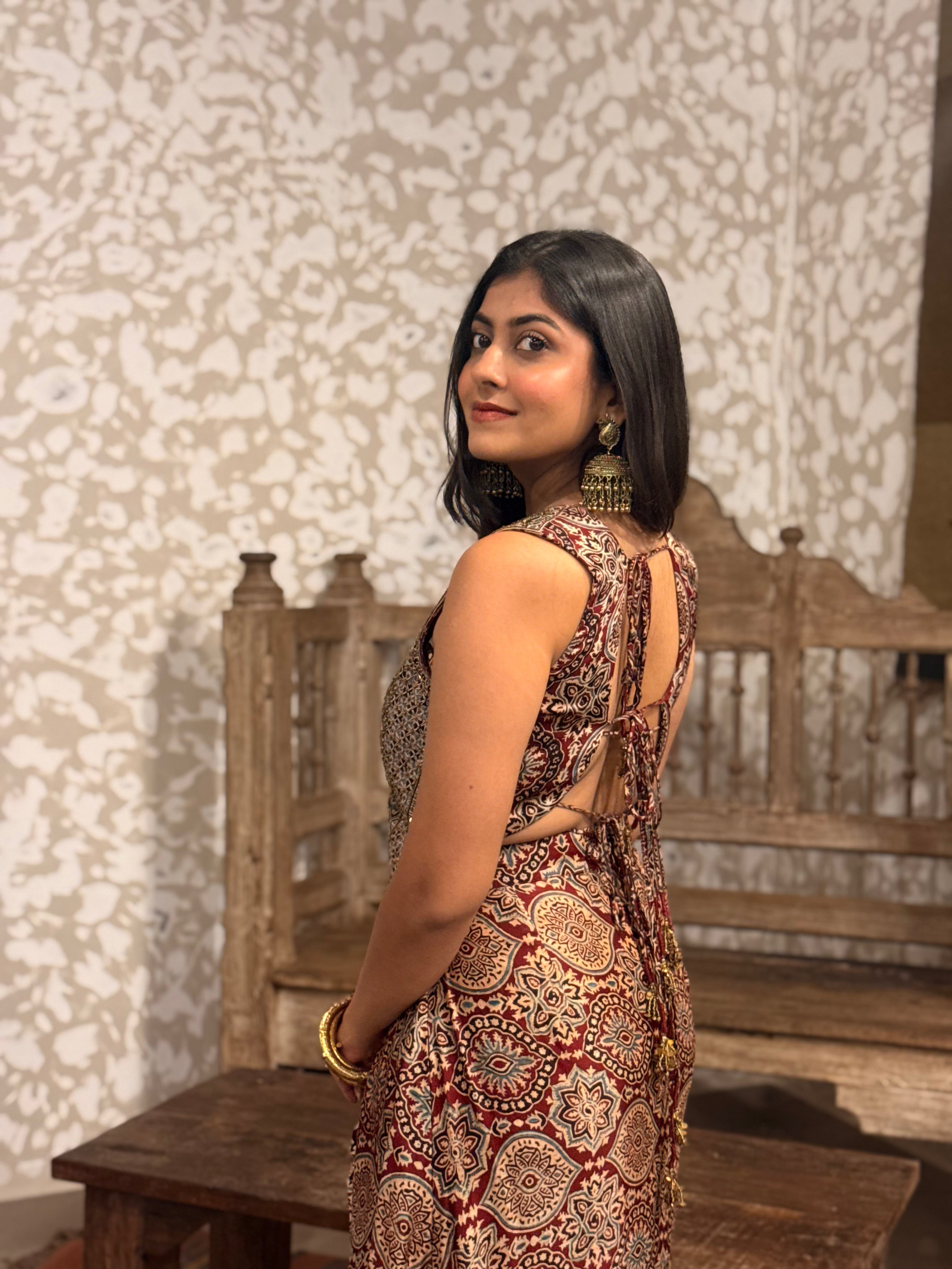 Ajrakh Backless tie up top and drape skirt