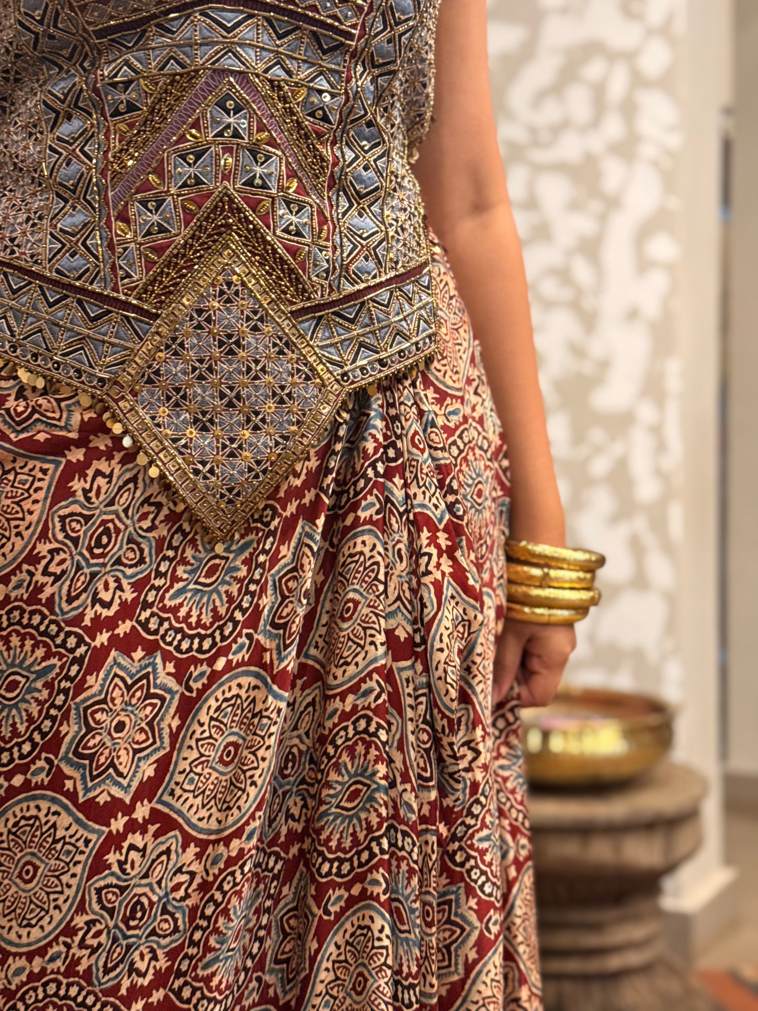Ajrakh Backless tie up top and drape skirt