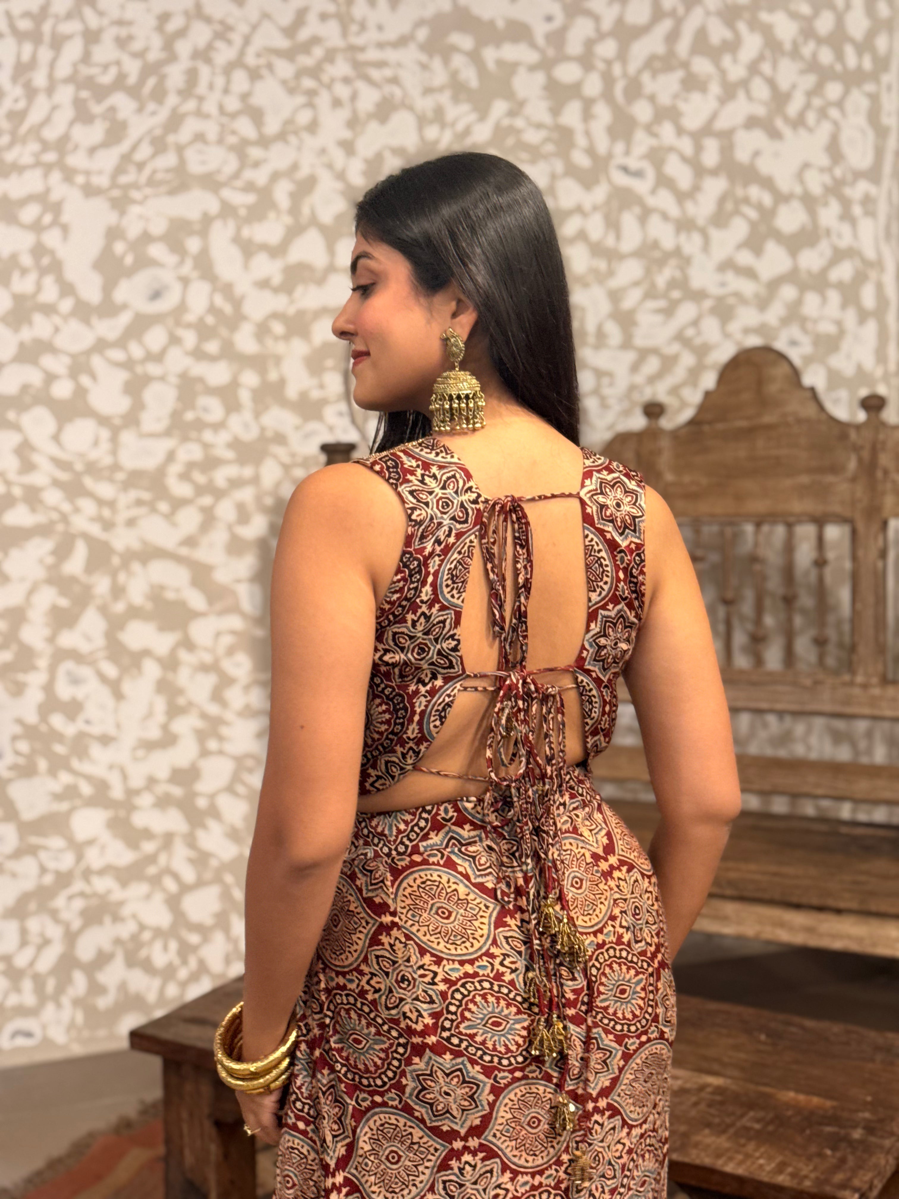 Ajrakh Backless tie up top and drape skirt
