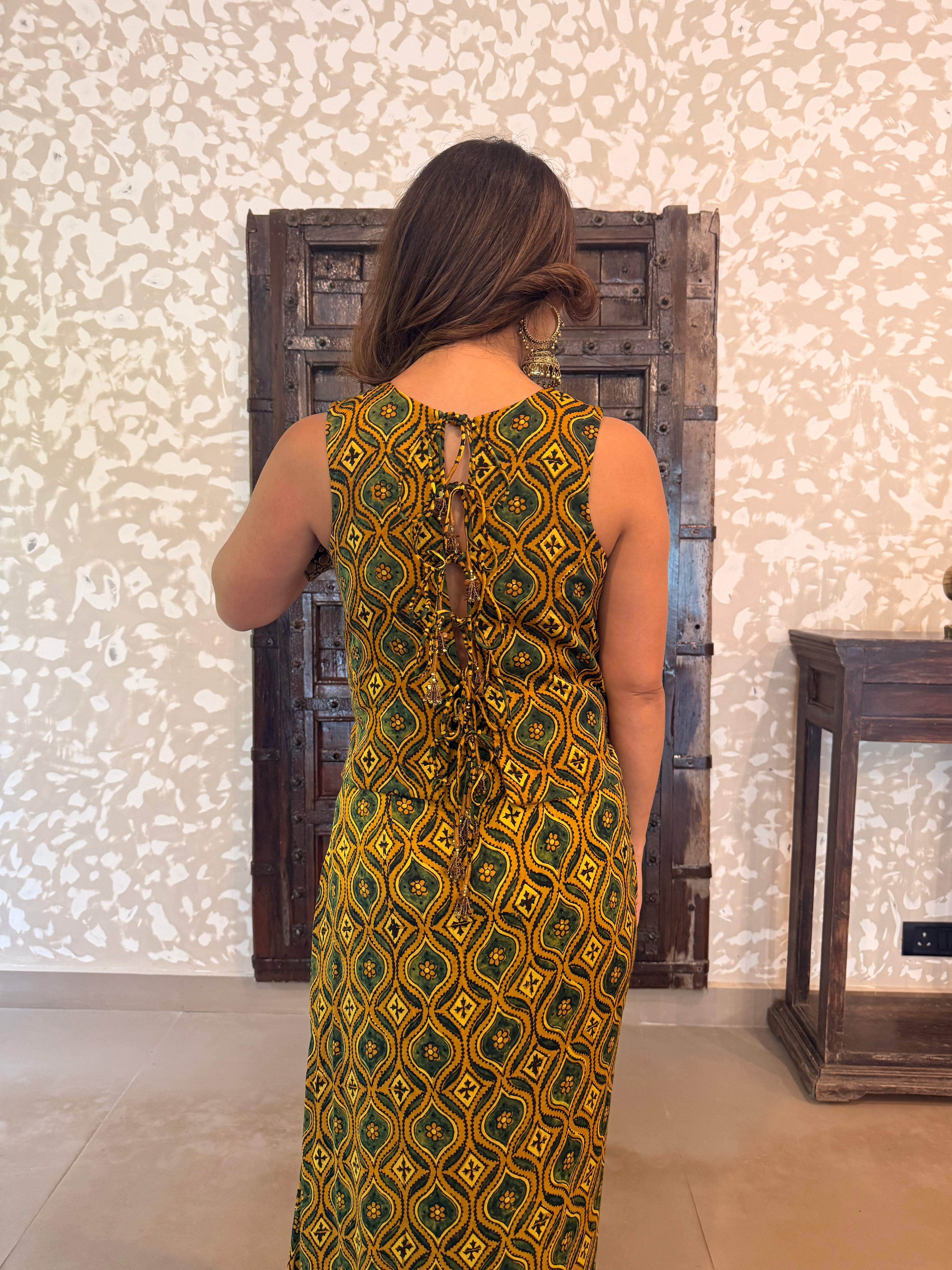 Ajrakh Backless tie up top and drape skirt