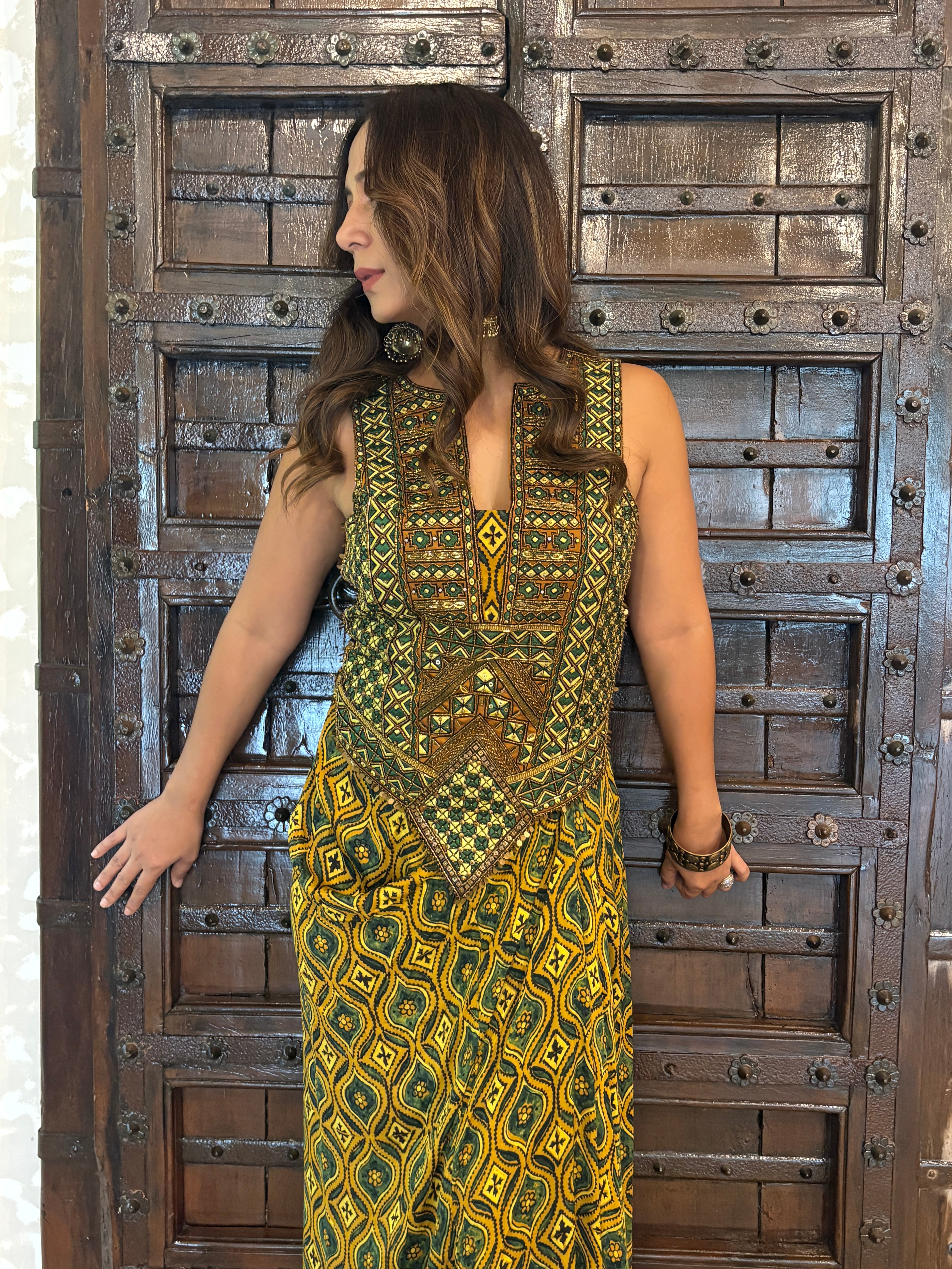 Ajrakh Backless tie up top and drape skirt