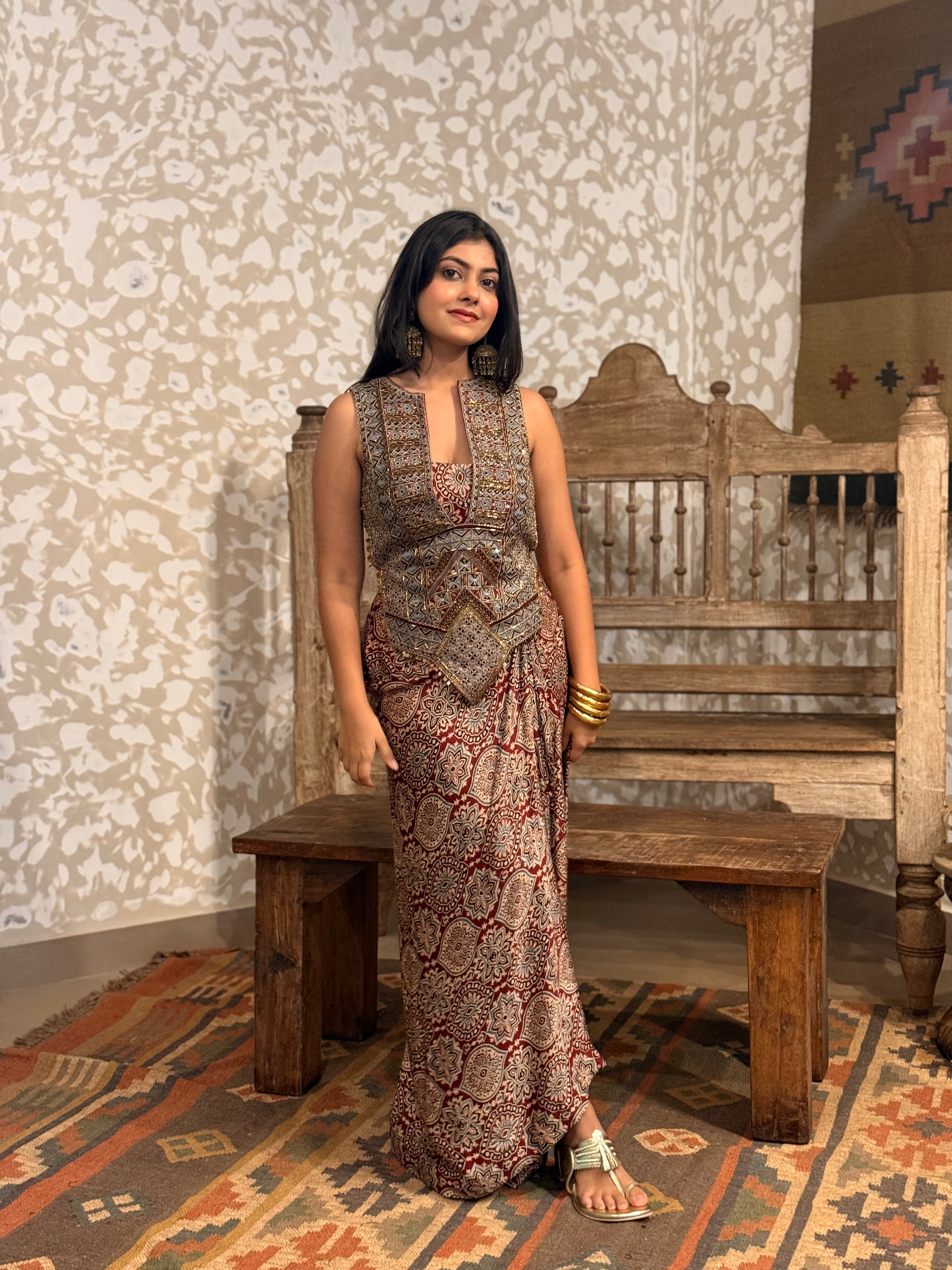 Ajrakh Backless tie up top and drape skirt