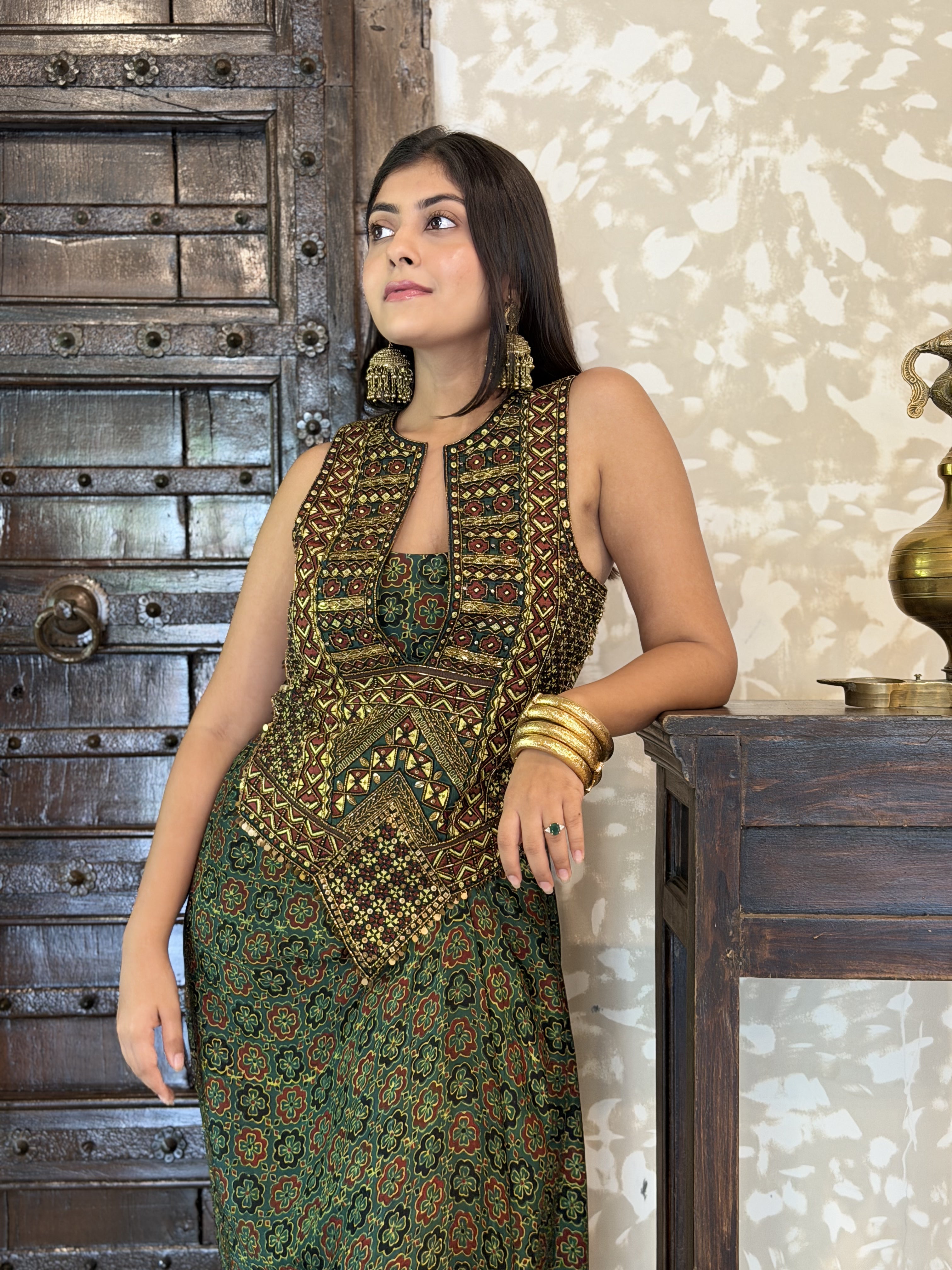 Ajrakh Backless tie up top and drape skirt