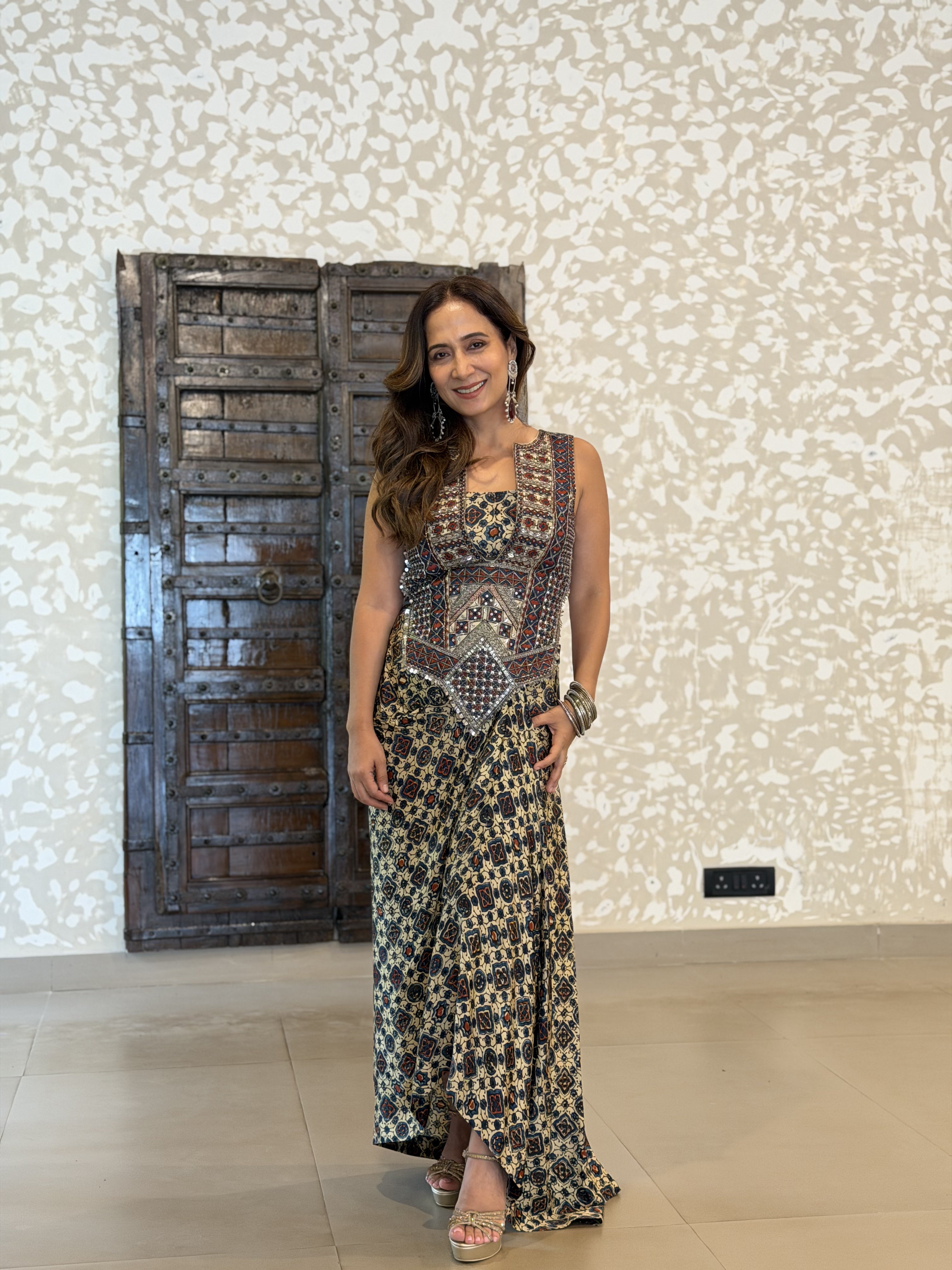 Ajrakh Backless tie up top and drape skirt